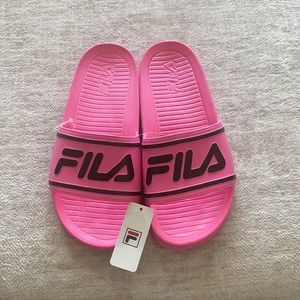 Hot pink Fila slides